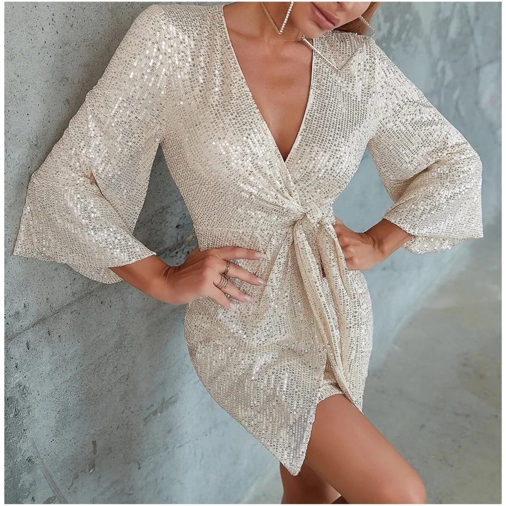 Luxe Sequin Wrap Party Evening Holiday Dress - Picture 5 of 5